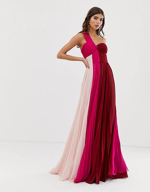 Forever Unique one shoulder prom chiffon maxi dress in pink colour-block