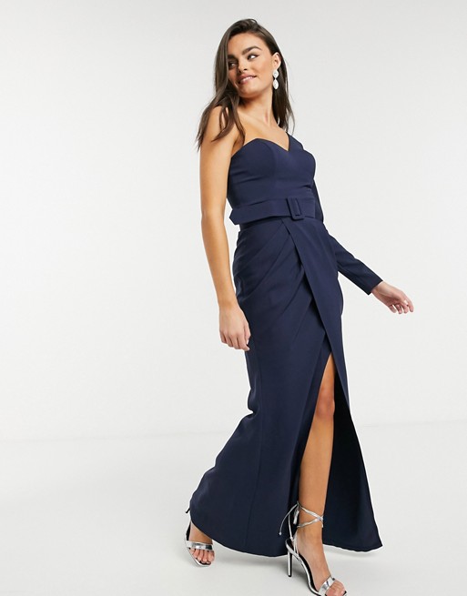 Forever Unique one sleeve belted maxi dress in navy