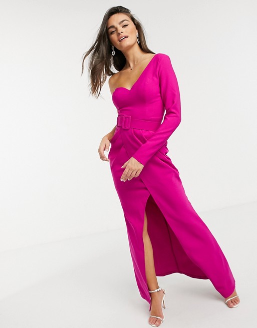Forever Unique one sleeve belted maxi dress in pink