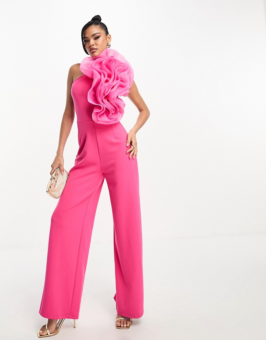 Forever Unique oversized corsage jumpsuit in hot pink