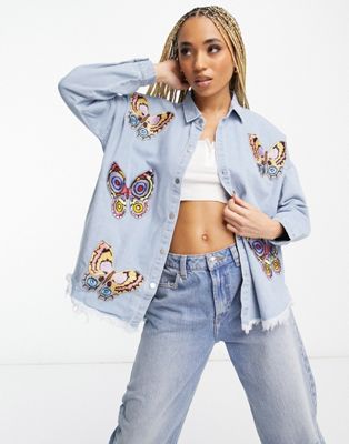 Forever Unique Oversized Denim Jacket with Butterfly Motif