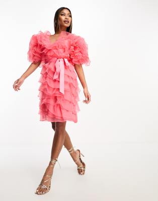 Forever Unique oversized ruffle tie waist mini dress in coral-Orange