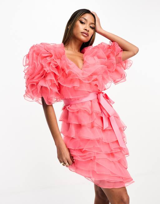 Forever Unique oversized ruffle tie waist mini dress in coral