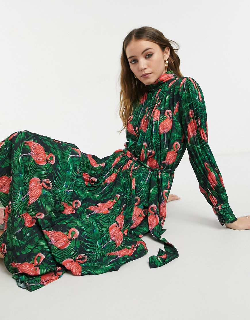 Forever Unique pleated midaxi tea dress with waist belt in bright flamingo print-Multi