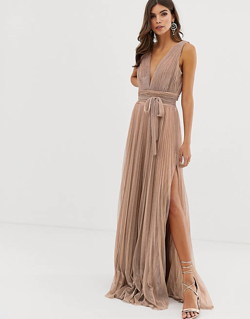 Forever Unique plisse prom maxi dress in rose gold