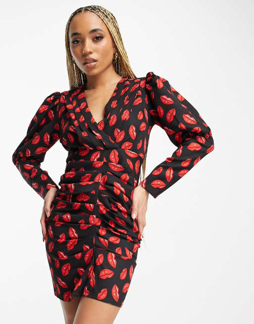 Forever Unique plunge mini dress in lip print