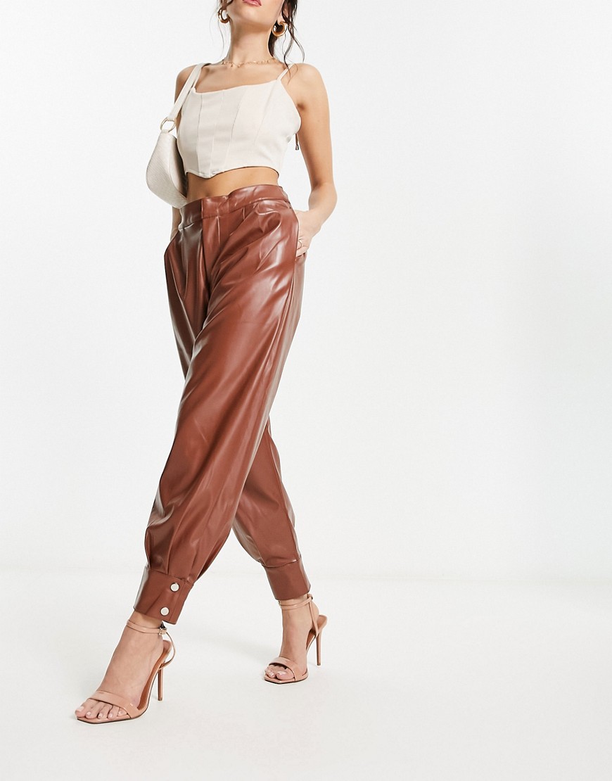 forever unique pu high waisted trouser coord in tan-neutral