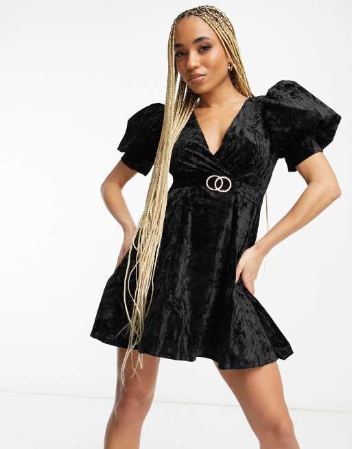 Black Satin Cup Detail Puff Sleeve Skater Dress