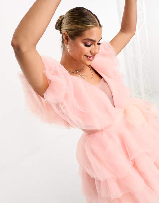 Forever Unique - Robe courte en tulle avec volants et lien noué à la taille - Rose poudré, 2 de 4