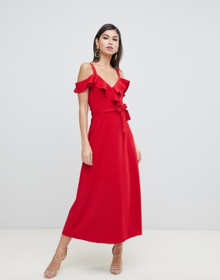 red cold shoulder midi dress