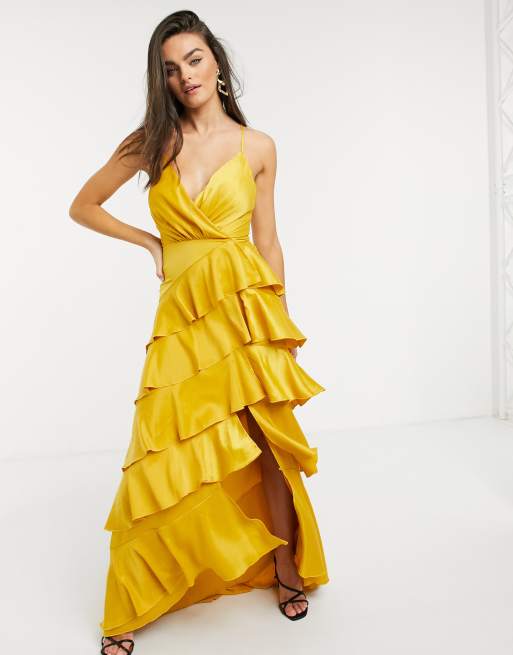 Missguided Tiered Ruffle Maxi Dress in Yellow