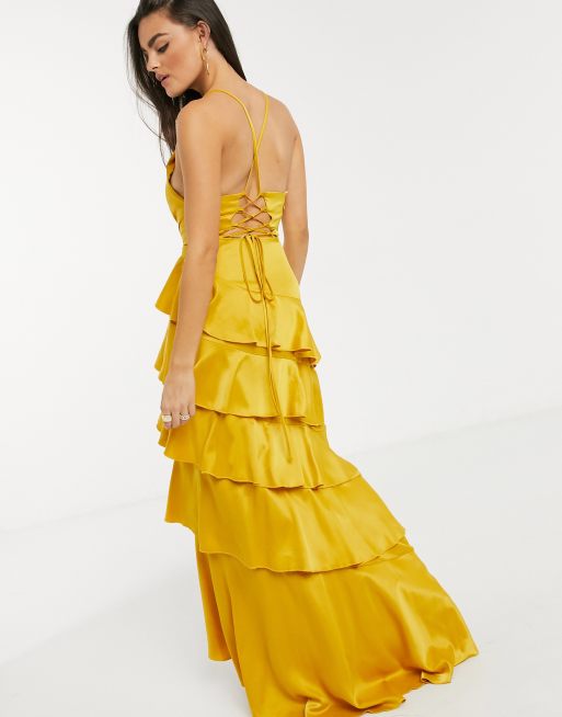 Missguided Tiered Ruffle Maxi Dress in Yellow