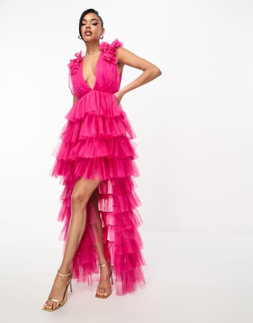 Pink ruffle shop shoulder dress