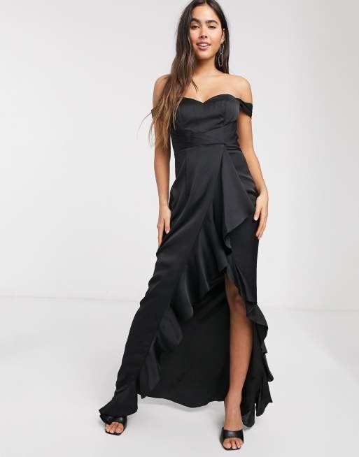 Forever Unique ruffle split maxi dress in black