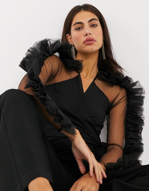 Forever Unique ruffle tulle wrap blouse in black
