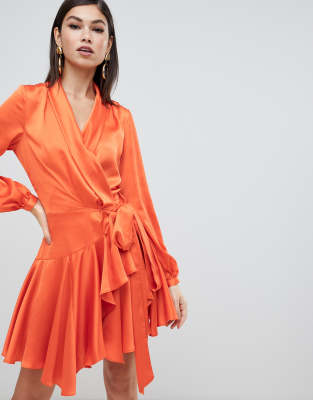 satin wrap ruffle dress