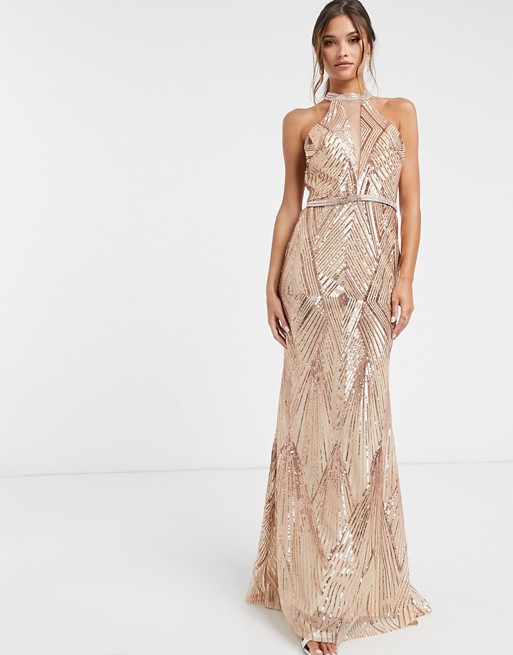 Forever Unique sequin keyhole maxi dress in rose gold