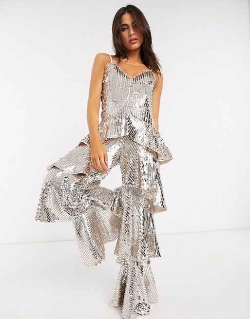 Forever Unique sequin tiered jumpsuit in silver