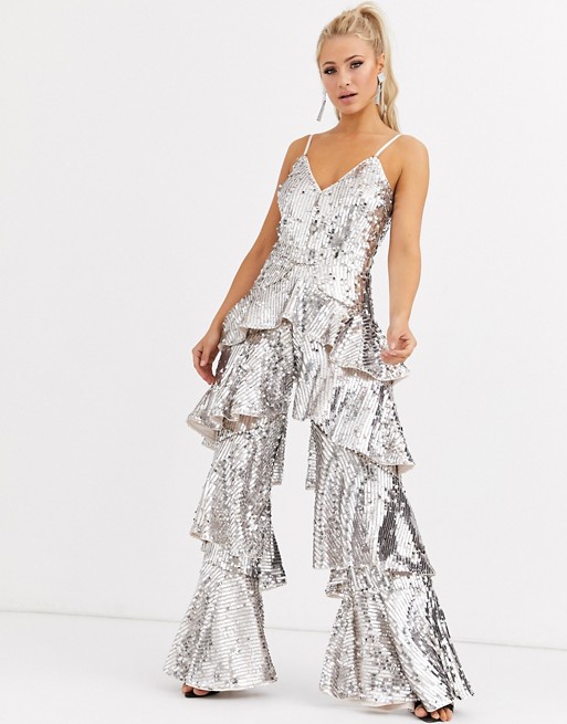 Forever Unique sequin wide leg tiered jumpsuit in silver