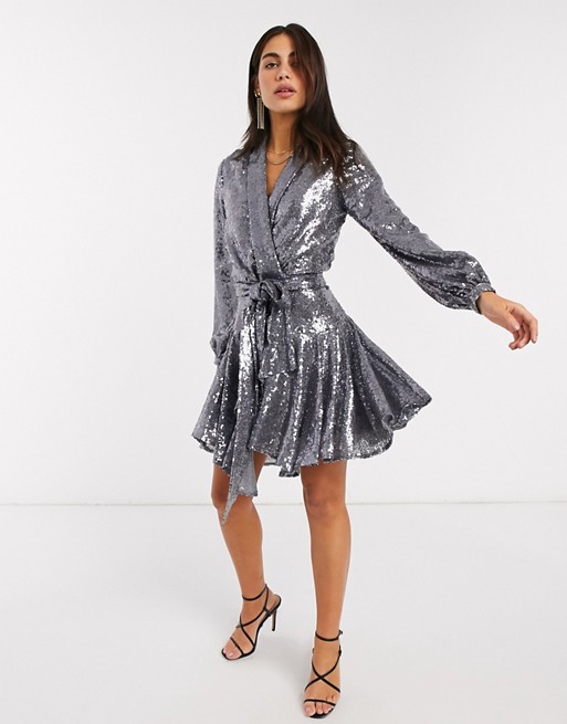 Forever Unique sequin wrap dress in silver