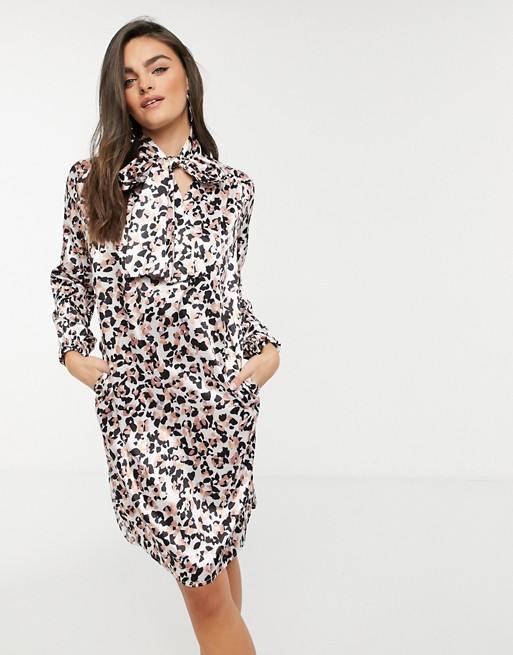 Forever Unique tie neck shift dress in animal