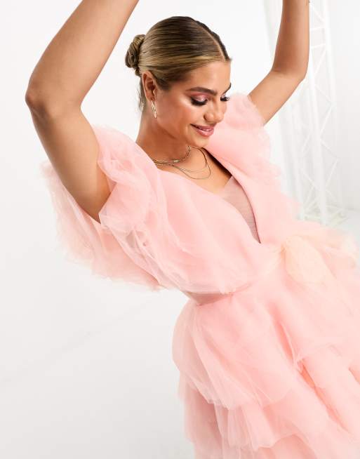 Forever Unique tie waist ruffle tulle mini dress in powder pink