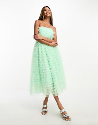 Forever Unique tie waist tulle midi dress in green