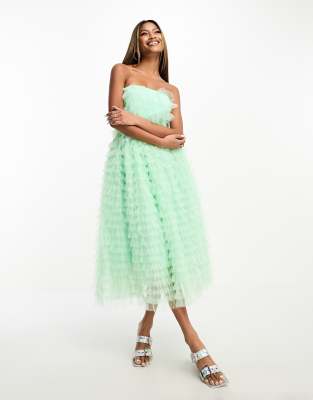 Forever Unique tie waist tulle midi dress in green - ASOS Price Checker