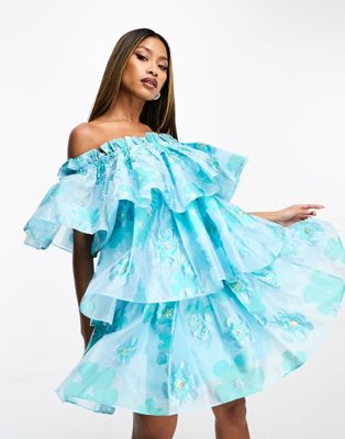 Forever Unique tiered bandeau mini dress in blue floral - ASOS Price Checker