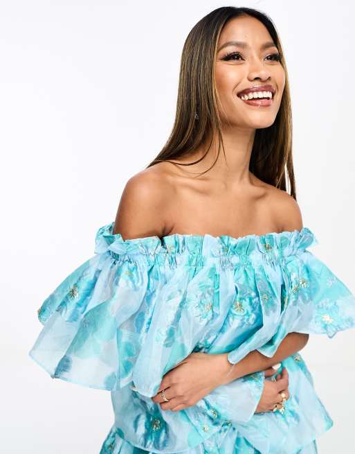 Forever Unique tiered bandeau mini dress in blue floral