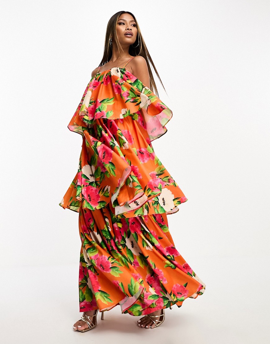 Forever Unique tiered midaxi dress in orange floral print