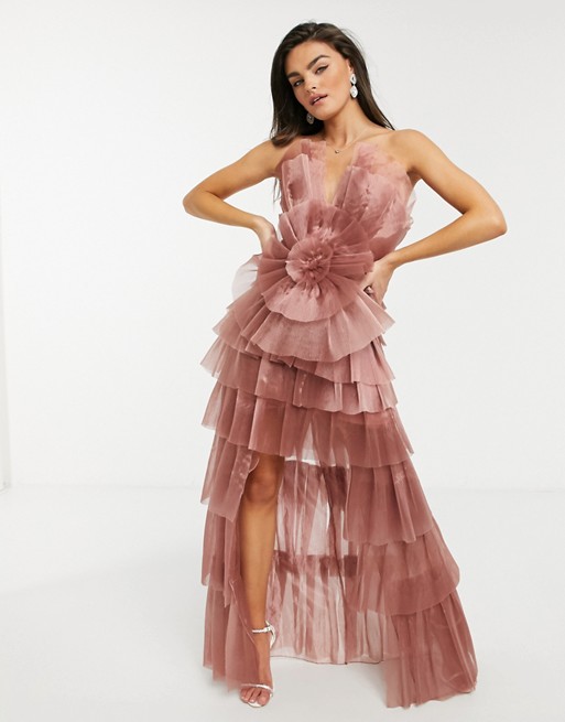 Forever Unique tulle ruffle tiered maxi dress in pink