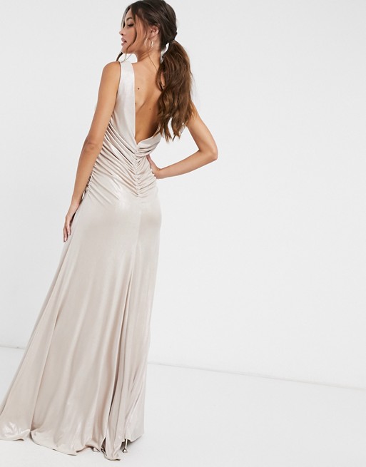 Forever Unique twist front maxi dress in metallic pink