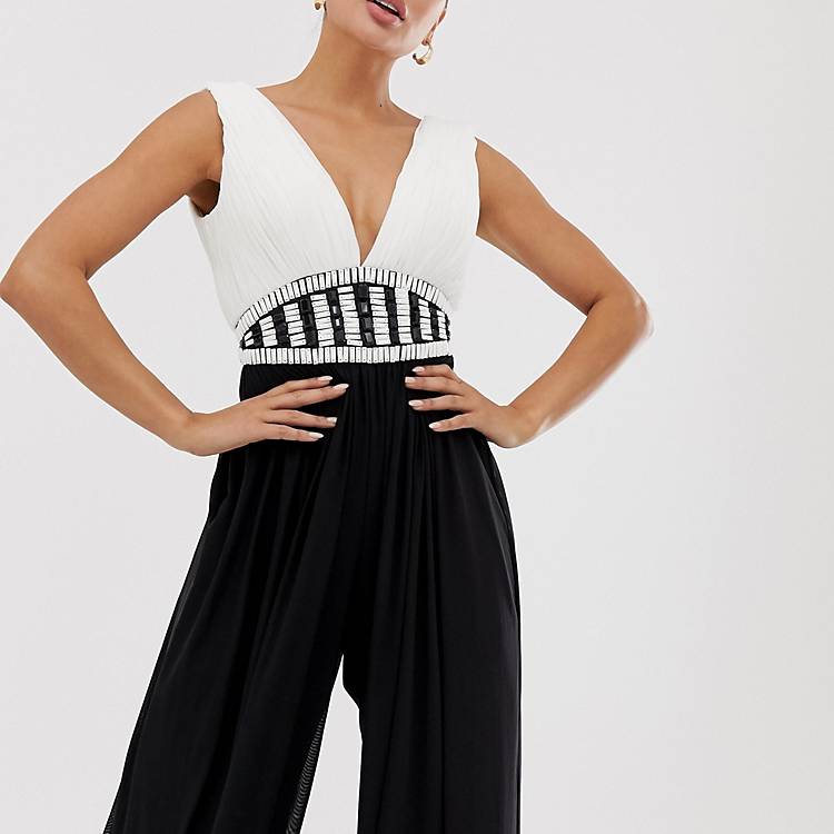 Forever Unique wide leg jumpsuit with embellished waist in mono |
