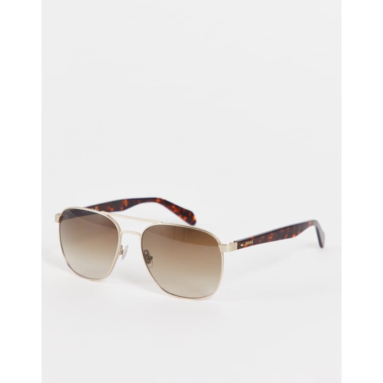 Fossil Madeline Gold & Tan Sunglasses Fossil aviator sunglasses in light gold | ASOS main image 2