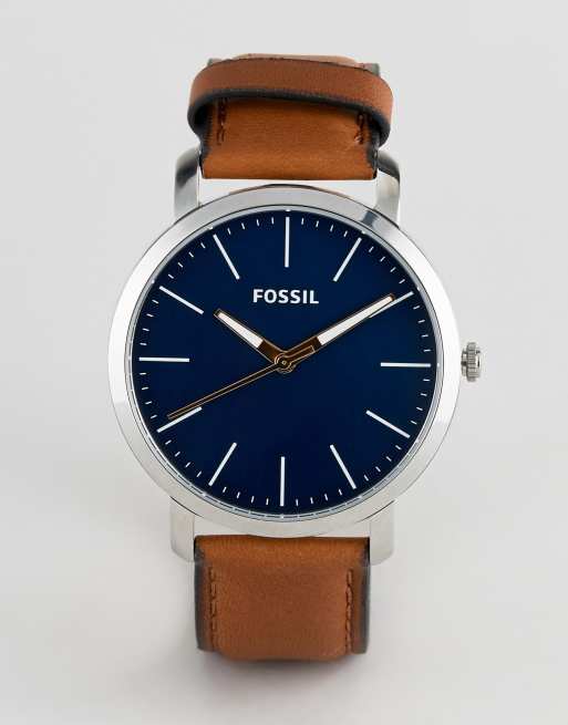 Fossil BQ2311 mens brown leather chronograph watch with blue dial