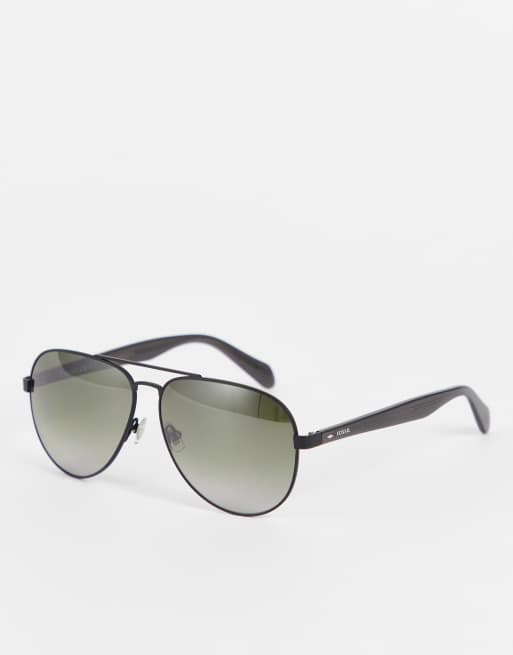 Fossil – Czarne okulary przeciwsłoneczne typu aviator z zielonymi szkłami