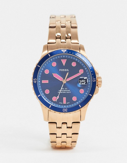 Fossil fb-01 rose gold bracelet watch with blue dial ES4767