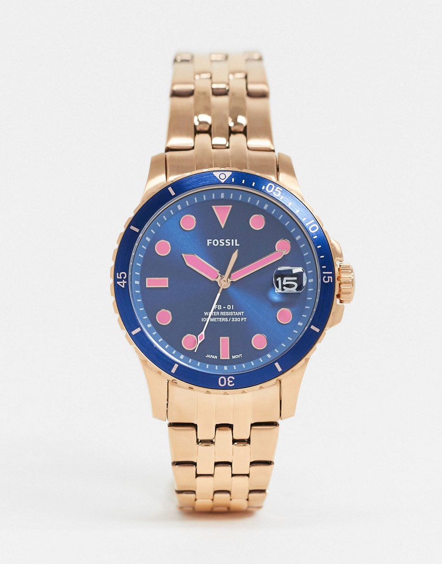 Fossil fb-01 — Rosegold armbåndsur med blå urskive dial ES4767-Pink