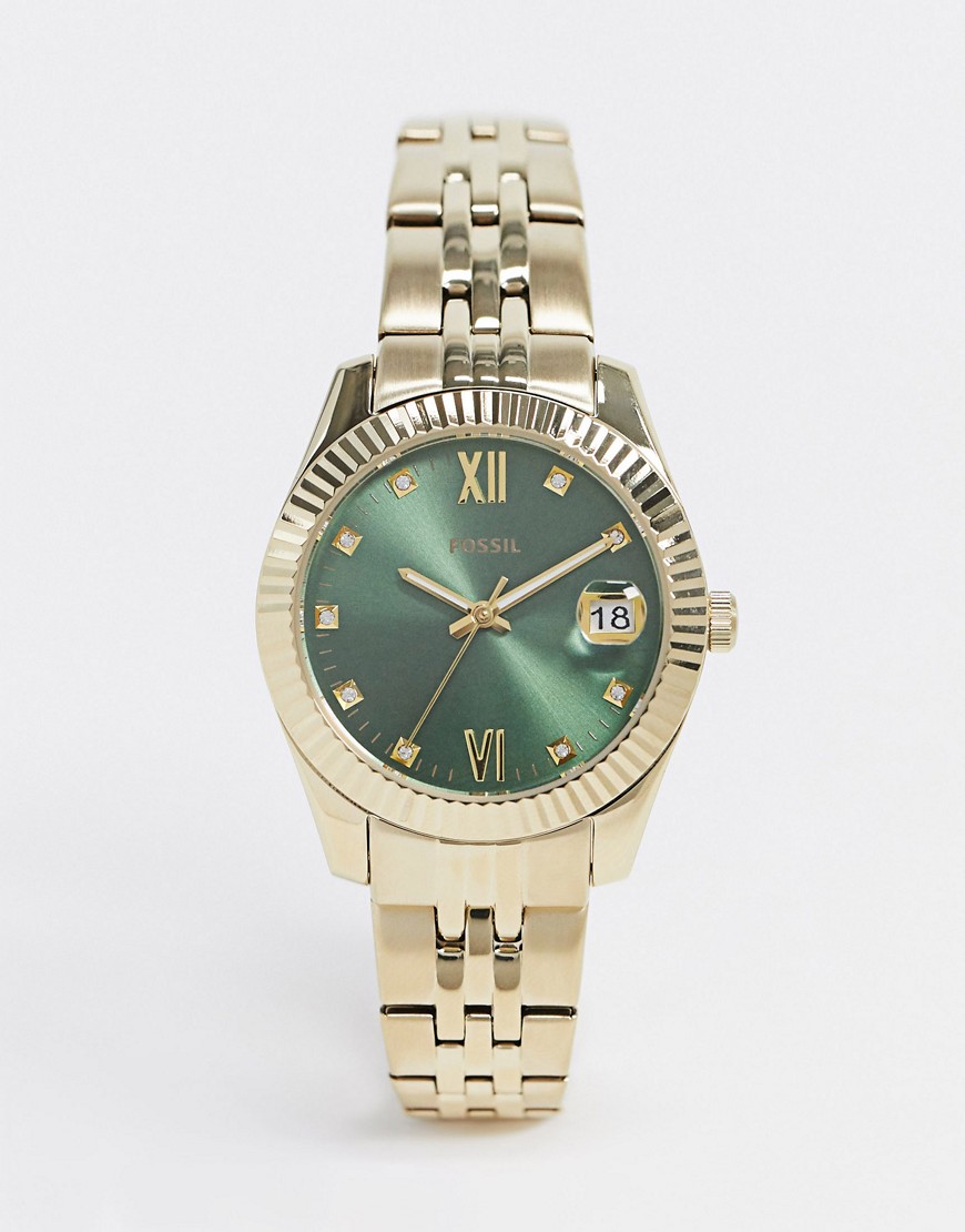 Fossil - Mini scarlett - Goudkleurig metalen horloge met schakelband en groene wijzerplaat ES4903