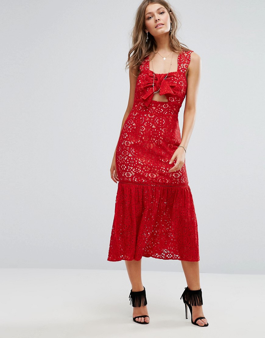 Foxiedox Bow Front Midi Lace Dress-Red