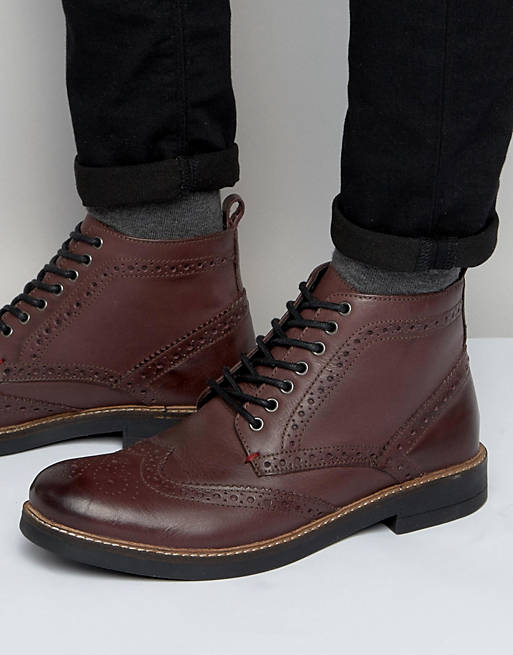 Frank Wright Brogue Boots In Burgundy Leather