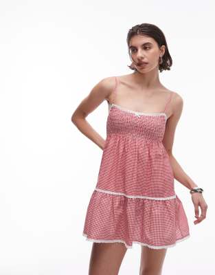 Frankies Bikinis Baby gauze dress in ladybug gingham-Red