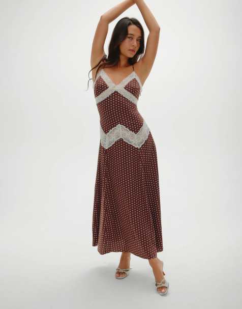 Frankies Bikinis Ethereal satin maxi dress in chocolate dot in chocolate dot - view 1