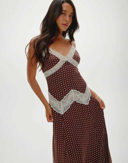 Frankies Bikinis Ethereal satin maxi dress in chocolate dot in chocolate  dot | ASOS