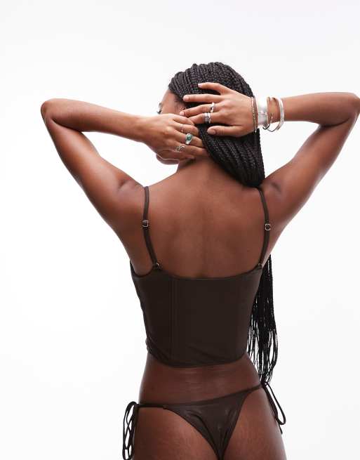 Frankies Bikinis x Bella Hadid corset bikini top with contrast detail in cocoa, 3 of 4