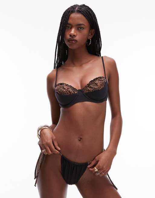 Frankies Bikinis X Bella Hadid – Czarna góra od bikini z fiszbinami i kontrastową wstawką we wzór w panterkę