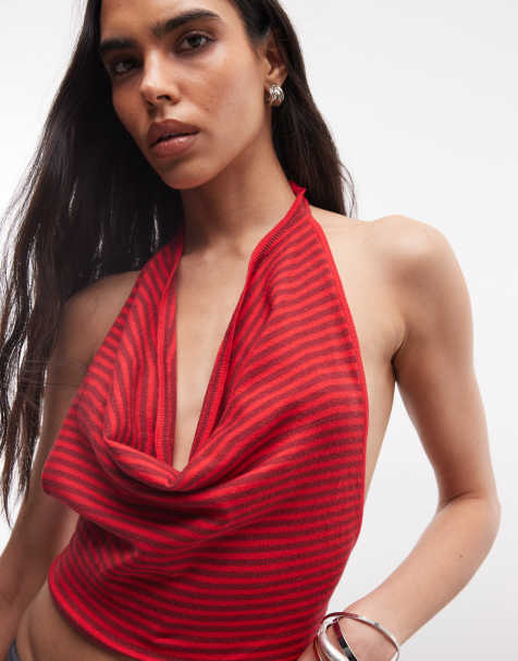 Frankies Bikinis x Jennie Kim - Top allacciato al collo rosso a righe - view 1