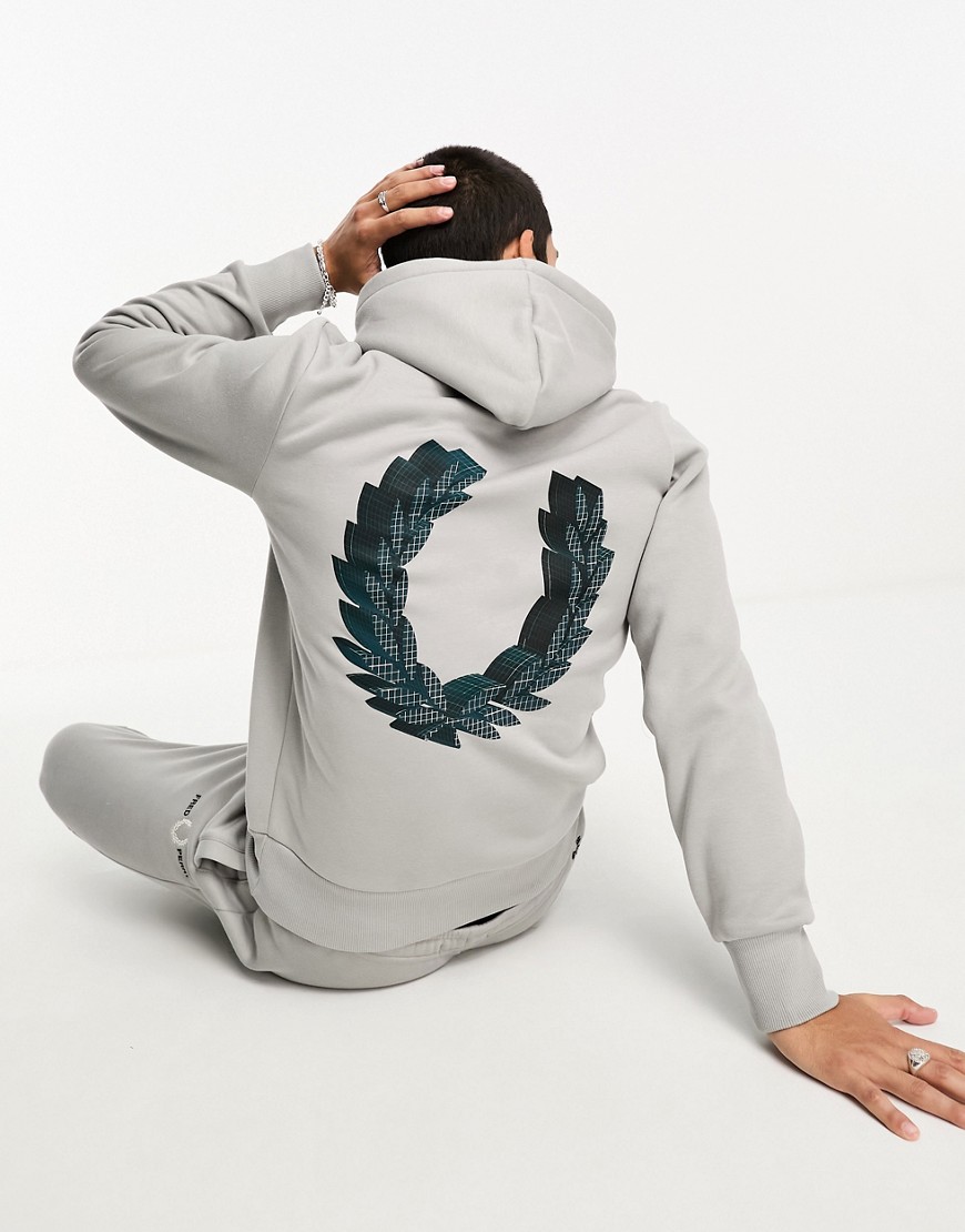 Fred Perry 3D graphic back print hoodie in limestone grey