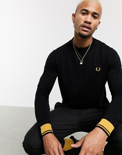 Fred Perry abstract tipped crew neck jumper in black